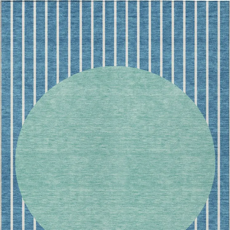 5' X 8' Teal Blue And Aqua Striped Washable Indoor Outdoor Area Rug