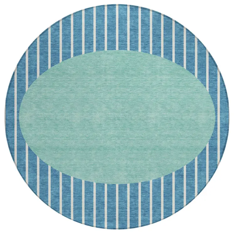8' Teal Blue And Aqua Round Striped Washable Indoor Outdoor Area Rug