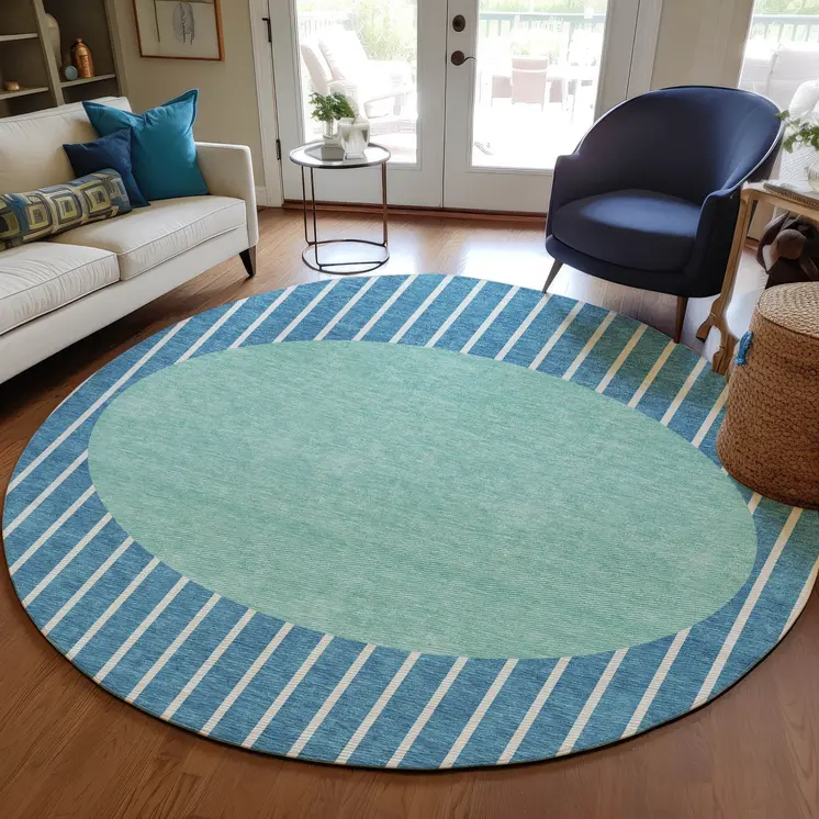 8' Teal Blue And Aqua Round Striped Washable Indoor Outdoor Area Rug