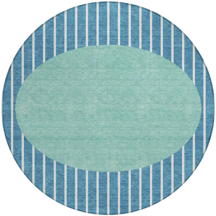8' Teal Blue And Aqua Round Striped Washable Indoor Outdoor Area Rug