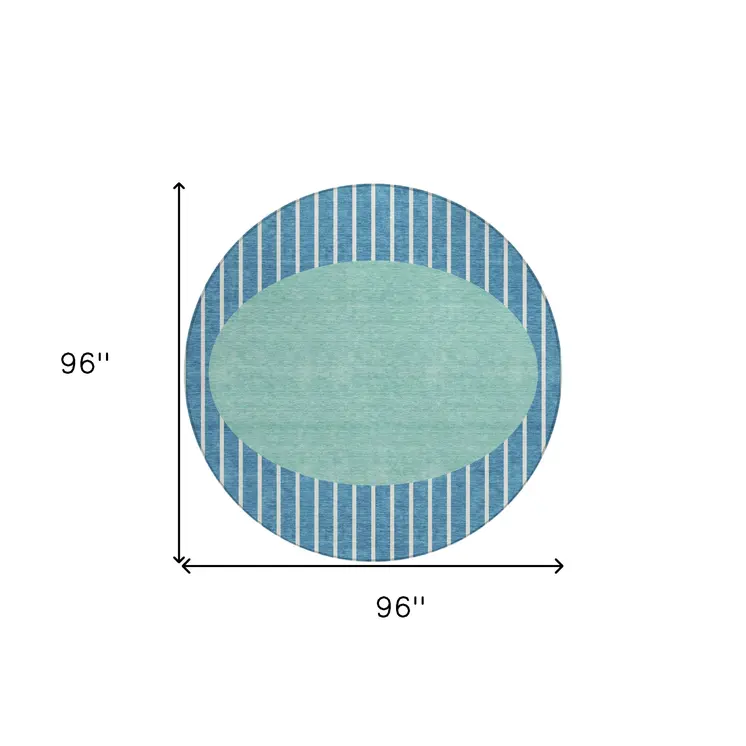 8' Teal Blue And Aqua Round Striped Washable Indoor Outdoor Area Rug
