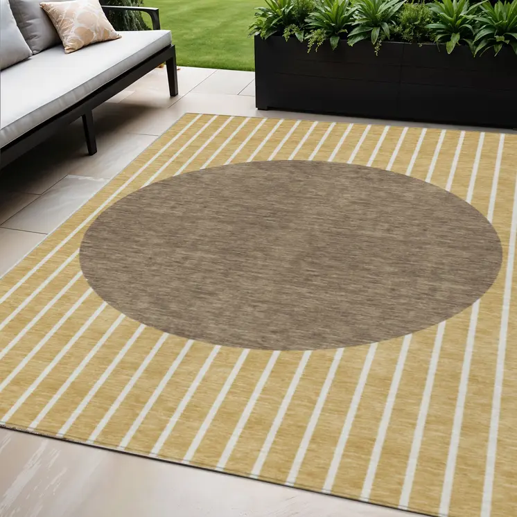 5' X 8' Wheat And Brown Striped Washable Indoor Outdoor Area Rug