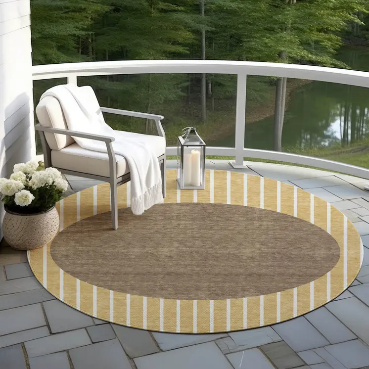 8' Wheat And Brown Round Striped Washable Indoor Outdoor Area Rug