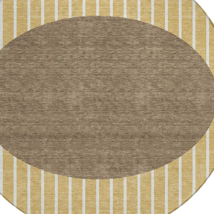 8' Wheat And Brown Round Striped Washable Indoor Outdoor Area Rug