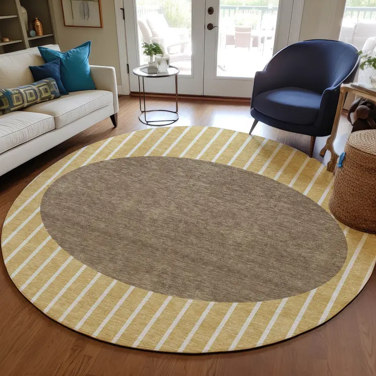 8' Wheat And Brown Round Striped Washable Indoor Outdoor Area Rug