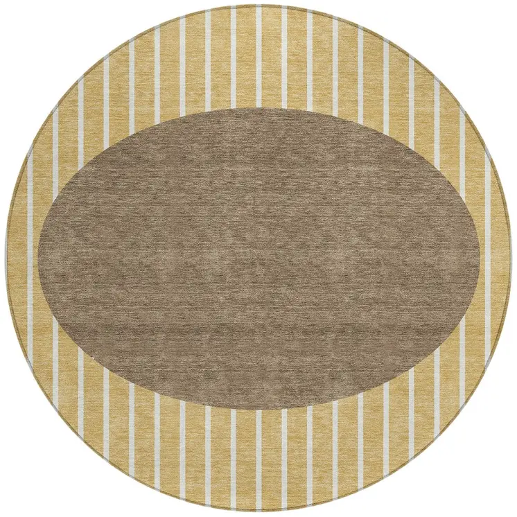 8' Wheat And Brown Round Striped Washable Indoor Outdoor Area Rug