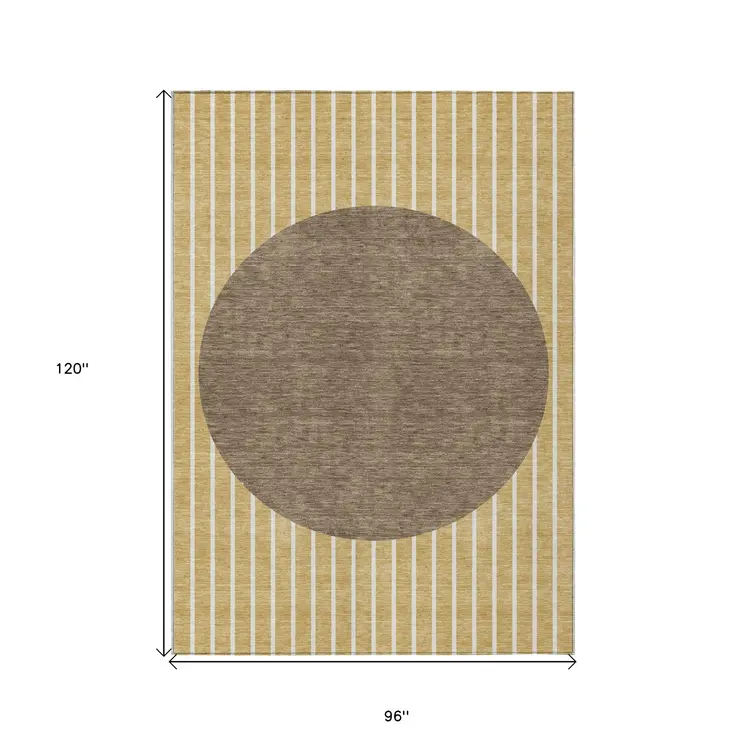 8' X 10' Wheat And Brown Striped Washable Indoor Outdoor Area Rug