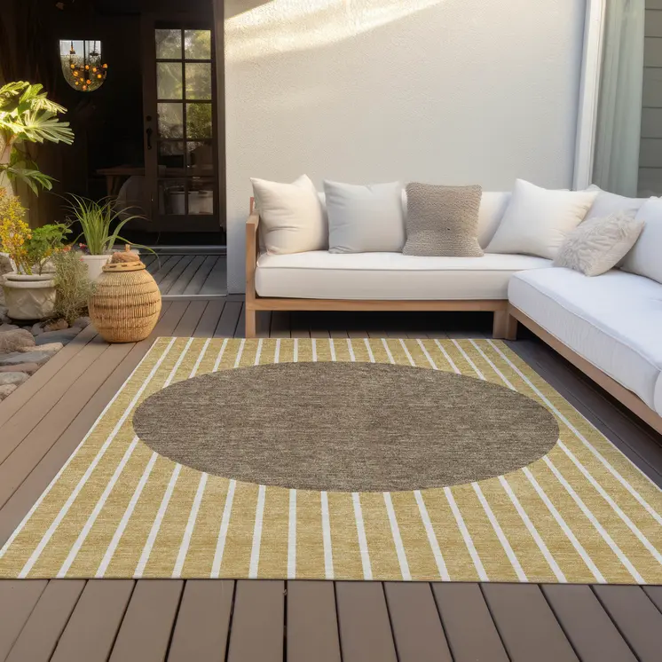 8' X 10' Wheat And Brown Striped Washable Indoor Outdoor Area Rug