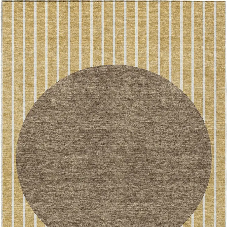 9' X 12' Wheat And Brown Striped Washable Indoor Outdoor Area Rug