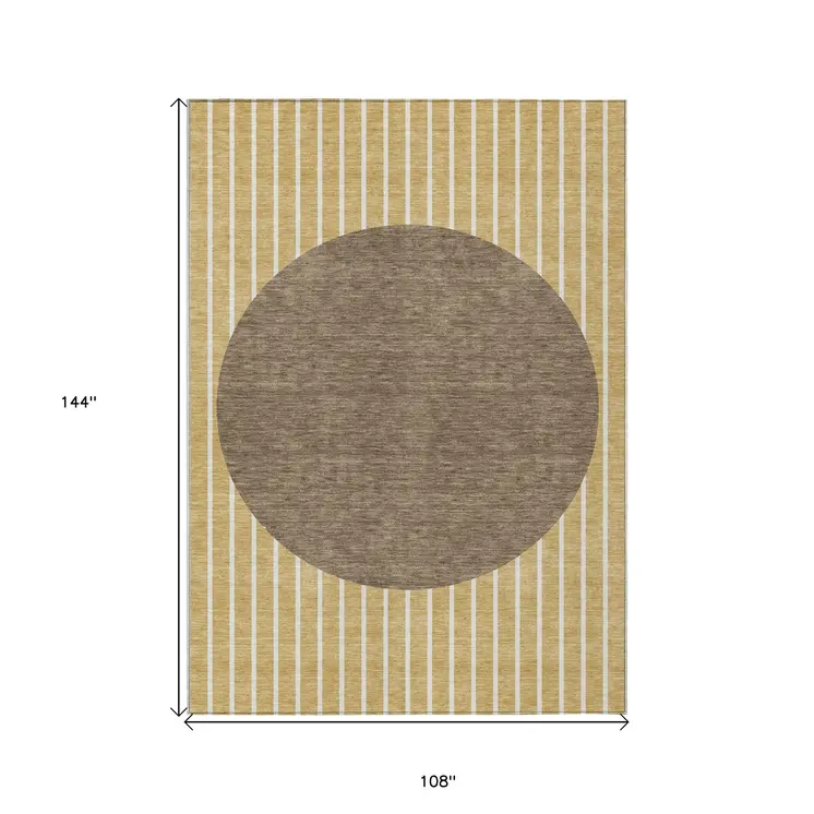 9' X 12' Wheat And Brown Striped Washable Indoor Outdoor Area Rug