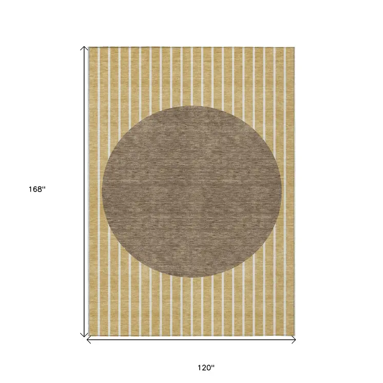10' X 14' Wheat And Brown Striped Washable Indoor Outdoor Area Rug
