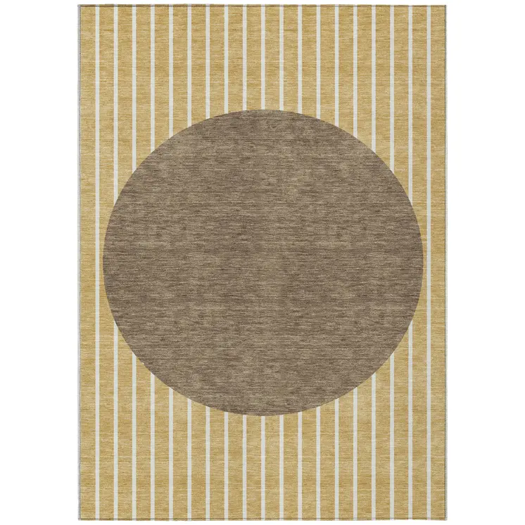 10' X 14' Wheat And Brown Striped Washable Indoor Outdoor Area Rug