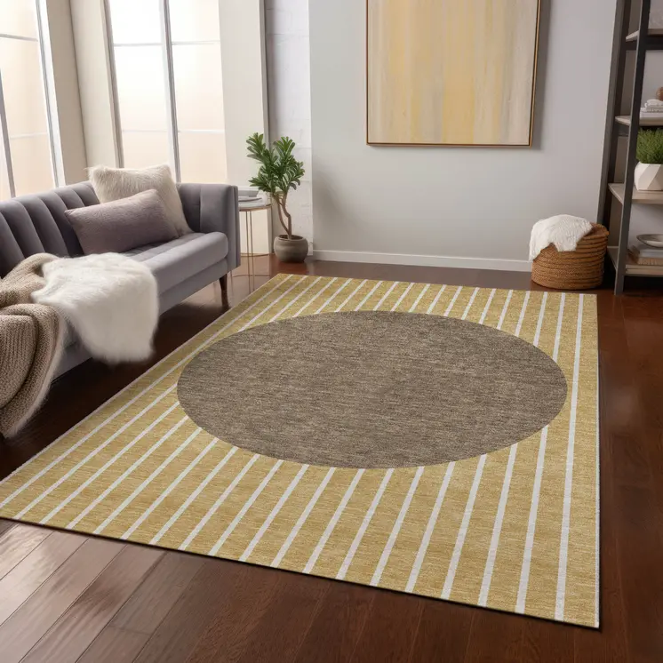 10' X 14' Wheat And Brown Striped Washable Indoor Outdoor Area Rug