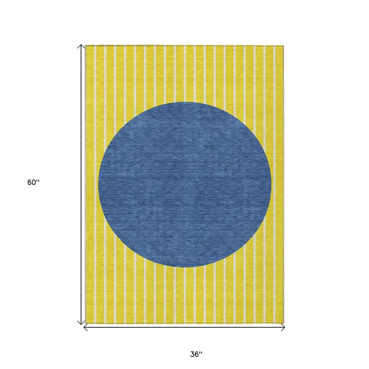 3' X 5' Yellow And Blue Striped Washable Indoor Outdoor Area Rug