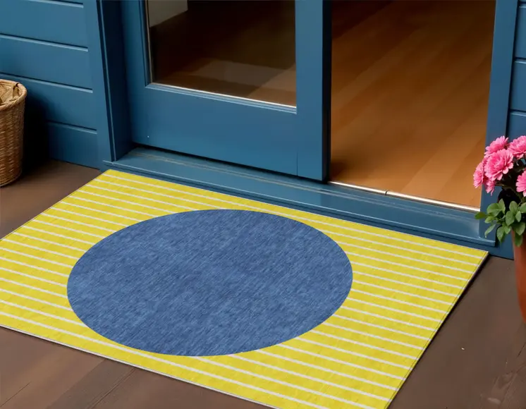 3' X 5' Yellow And Blue Striped Washable Indoor Outdoor Area Rug