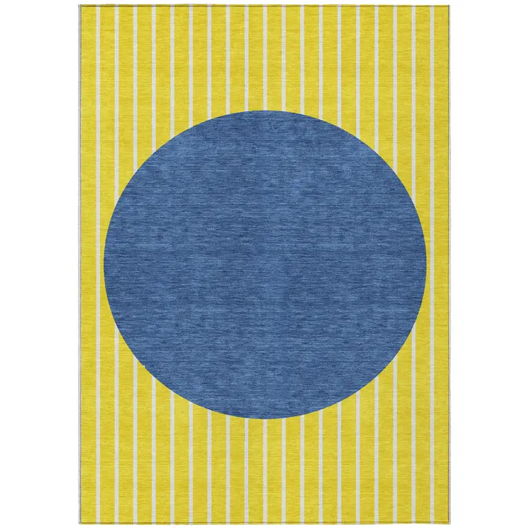 3' X 5' Yellow And Blue Striped Washable Indoor Outdoor Area Rug