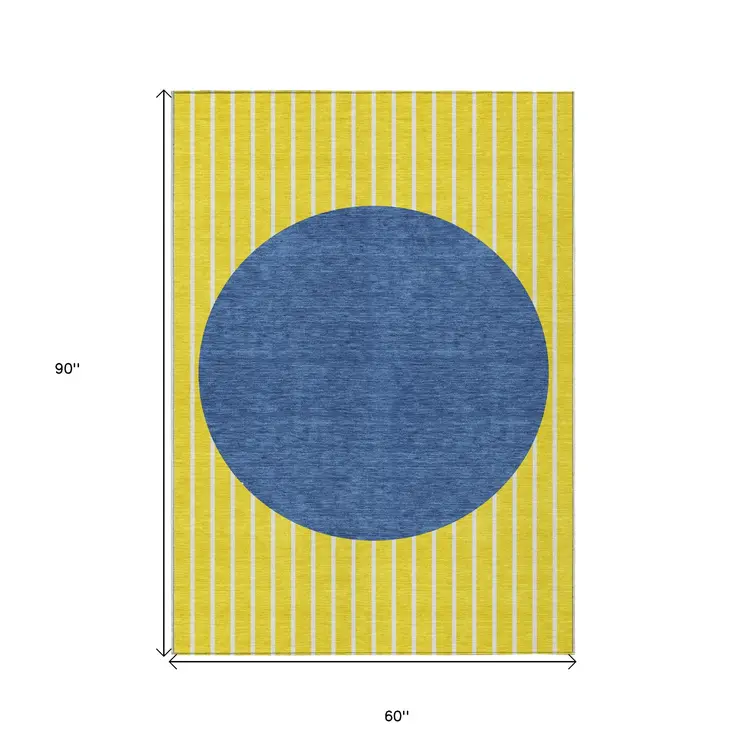 5' X 8' Yellow And Blue Striped Washable Indoor Outdoor Area Rug