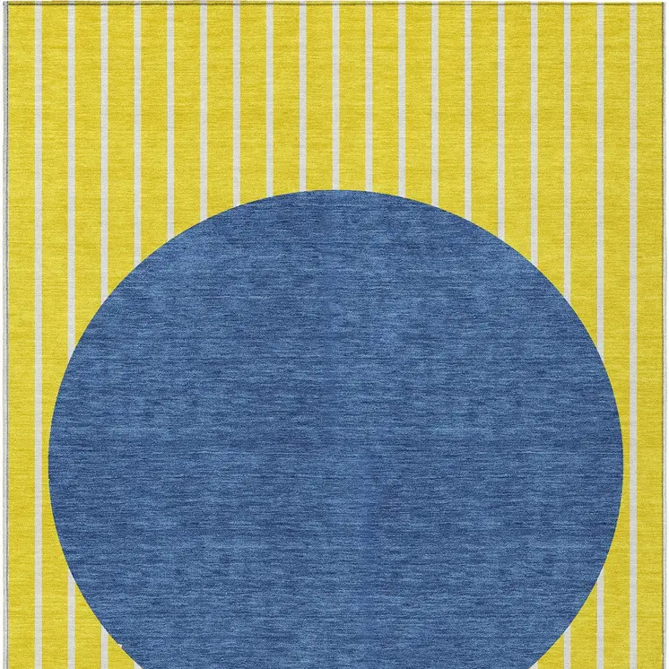 8' X 10' Yellow And Blue Striped Washable Indoor Outdoor Area Rug