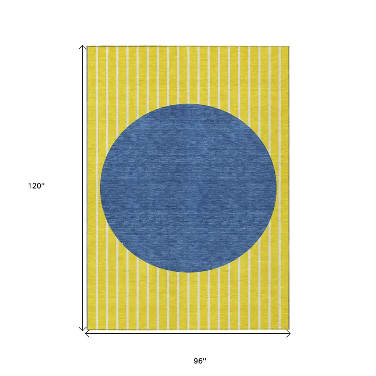 8' X 10' Yellow And Blue Striped Washable Indoor Outdoor Area Rug