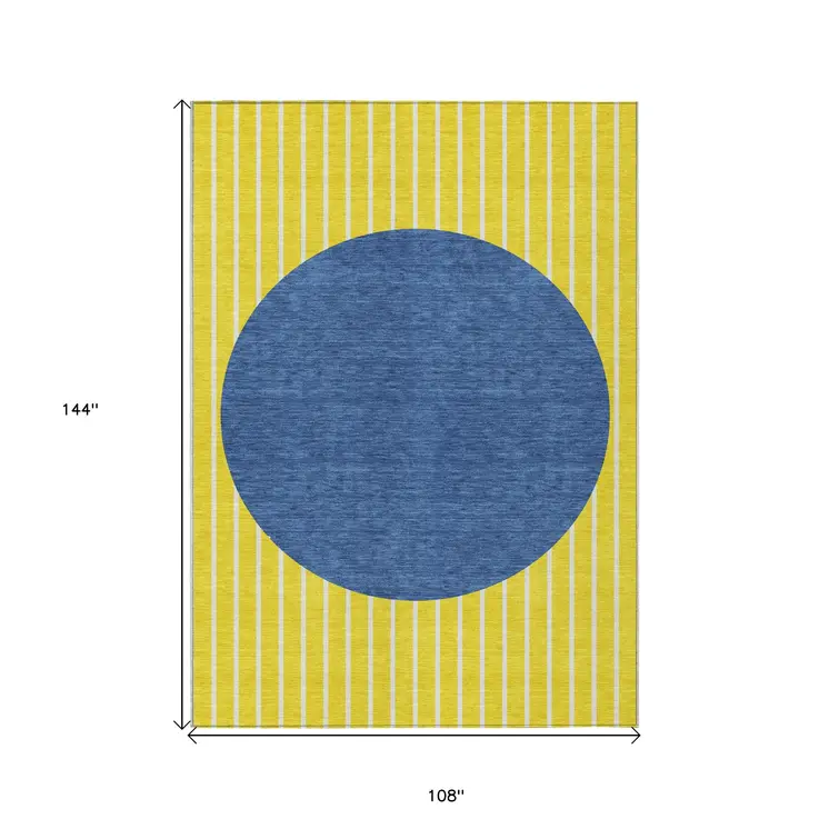 9' X 12' Yellow And Blue Striped Washable Indoor Outdoor Area Rug