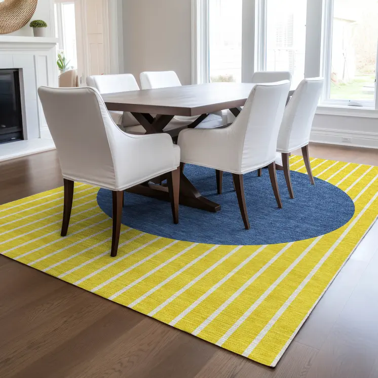 9' X 12' Yellow And Blue Striped Washable Indoor Outdoor Area Rug