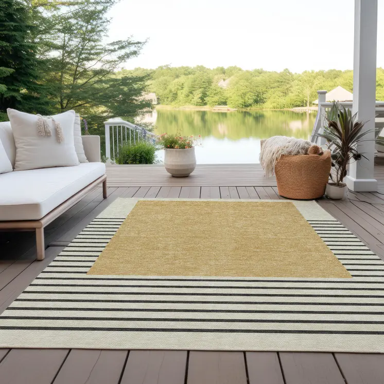 3' X 5' Gold Black And Beige Striped Washable Indoor Outdoor Area Rug