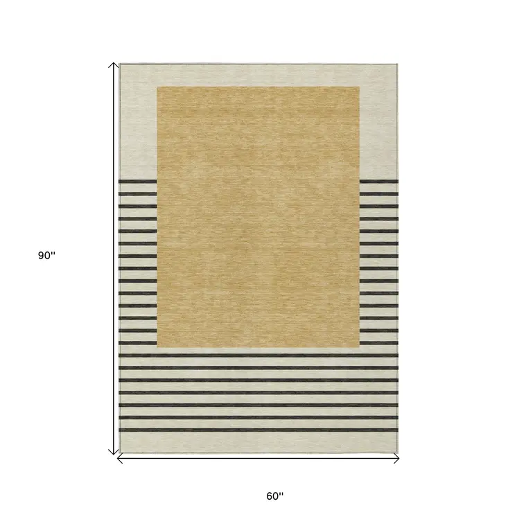 5' X 8' Gold Black And Beige Striped Washable Indoor Outdoor Area Rug