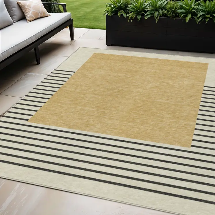 5' X 8' Gold Black And Beige Striped Washable Indoor Outdoor Area Rug