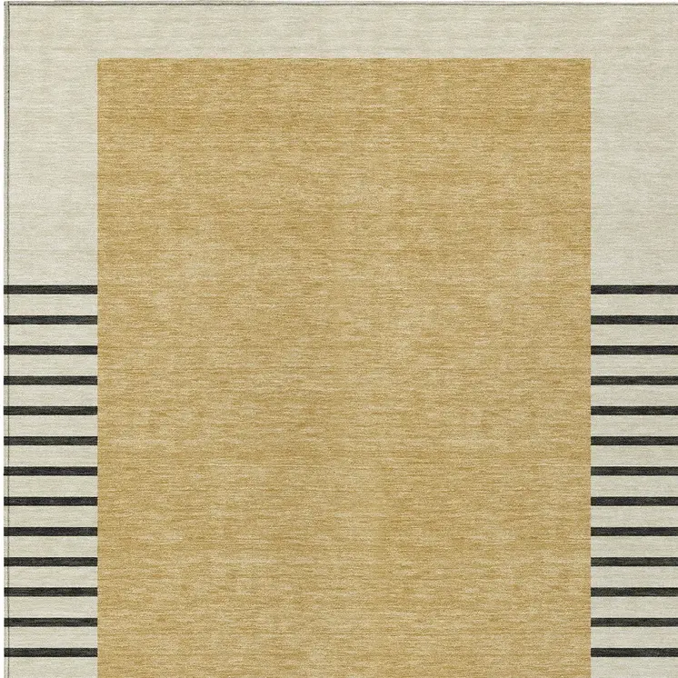 8' X 10' Gold Black And Beige Striped Washable Indoor Outdoor Area Rug