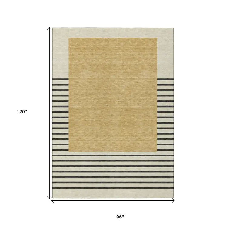 8' X 10' Gold Black And Beige Striped Washable Indoor Outdoor Area Rug