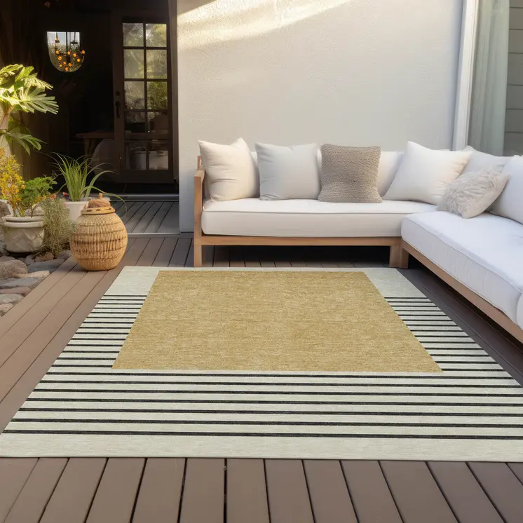 8' X 10' Gold Black And Beige Striped Washable Indoor Outdoor Area Rug