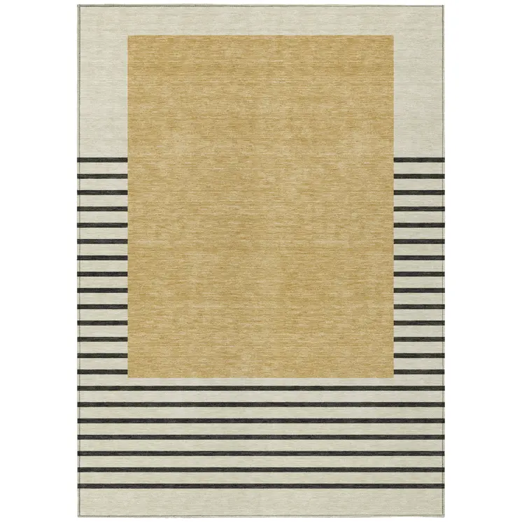 8' X 10' Gold Black And Beige Striped Washable Indoor Outdoor Area Rug