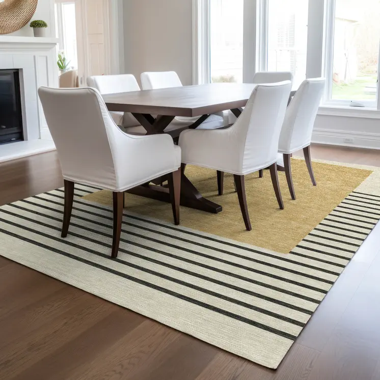 8' X 10' Gold Black And Beige Striped Washable Indoor Outdoor Area Rug