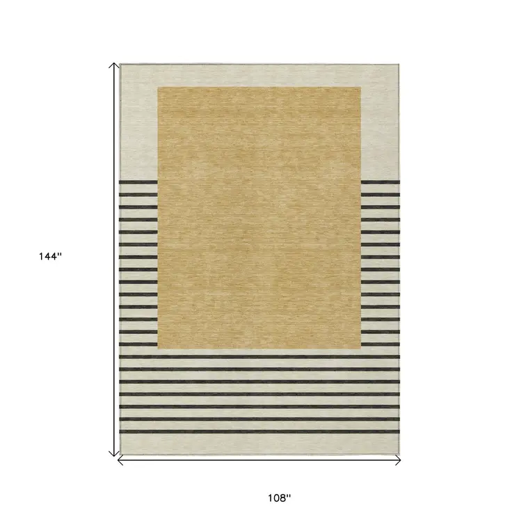 9' X 12' Gold Black And Beige Striped Washable Indoor Outdoor Area Rug