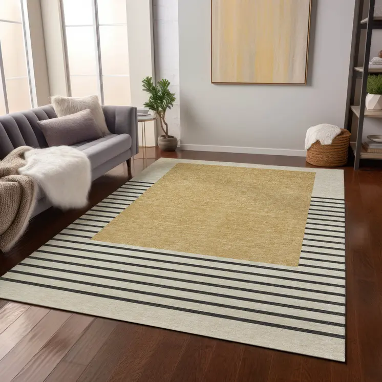 9' X 12' Gold Black And Beige Striped Washable Indoor Outdoor Area Rug