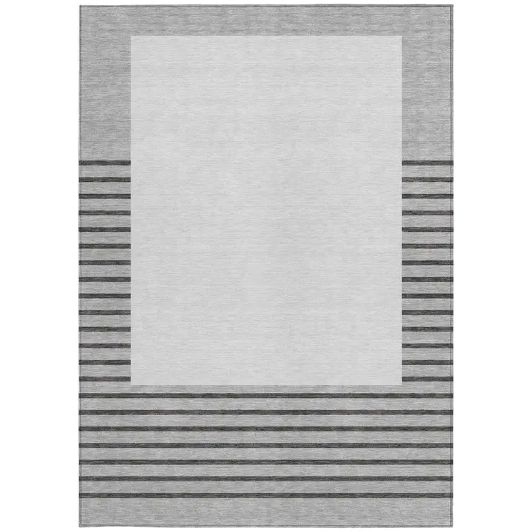 5' X 8' Gray Silver And Black Striped Washable Indoor Outdoor Area Rug