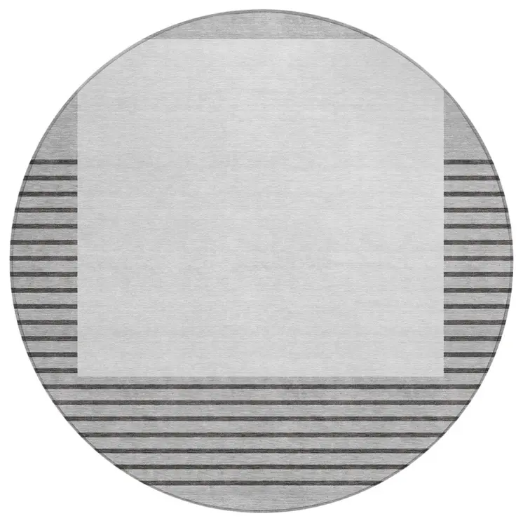 8' Gray Silver And Black Round Striped Washable Indoor Outdoor Area Rug