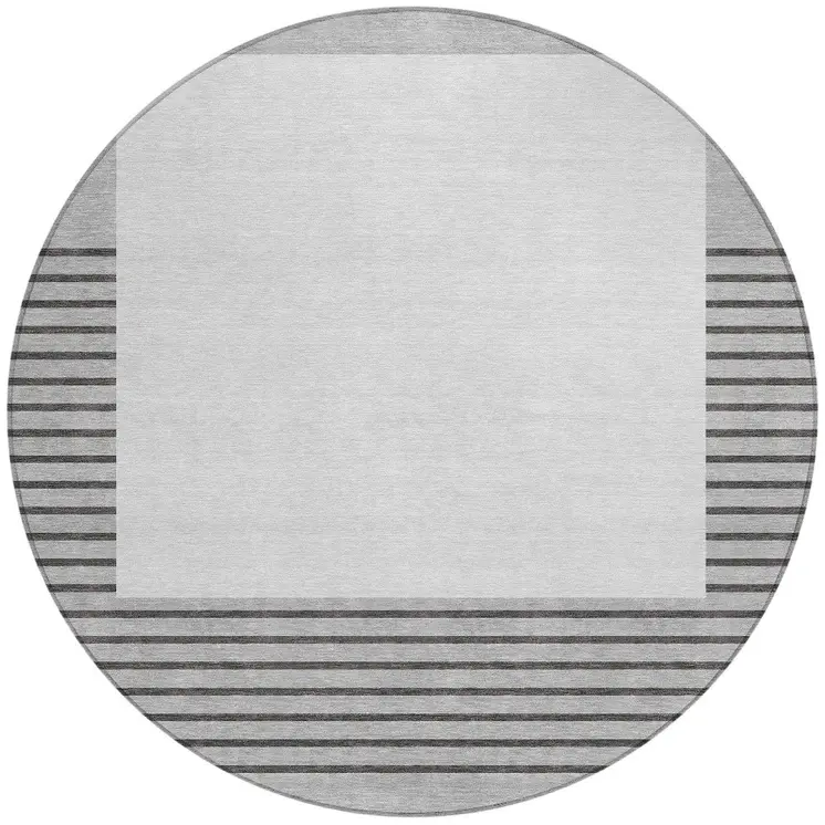 8' Gray Silver And Black Round Striped Washable Indoor Outdoor Area Rug