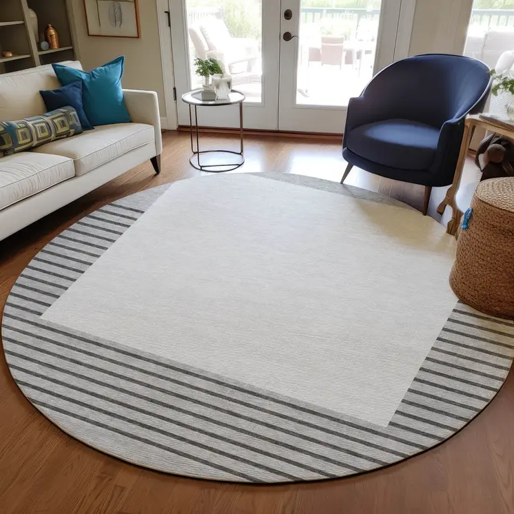 8' Gray Silver And Black Round Striped Washable Indoor Outdoor Area Rug