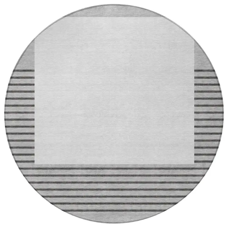 8' Gray Silver And Black Round Striped Washable Indoor Outdoor Area Rug