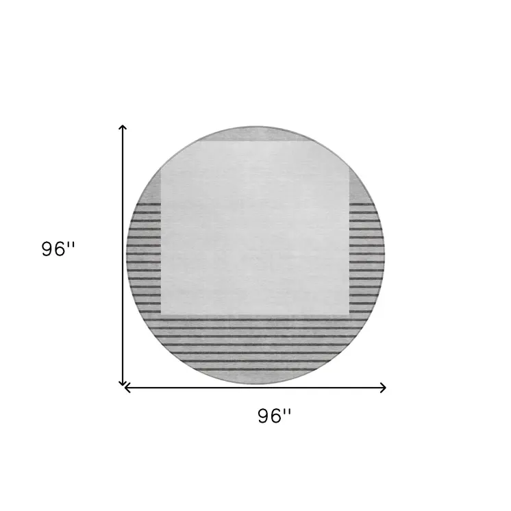8' Gray Silver And Black Round Striped Washable Indoor Outdoor Area Rug