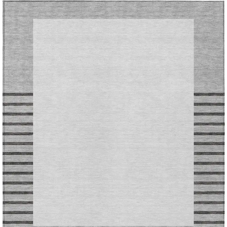 9' X 12' Gray Silver And Black Striped Washable Indoor Outdoor Area Rug