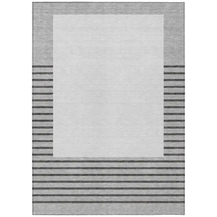9' X 12' Gray Silver And Black Striped Washable Indoor Outdoor Area Rug