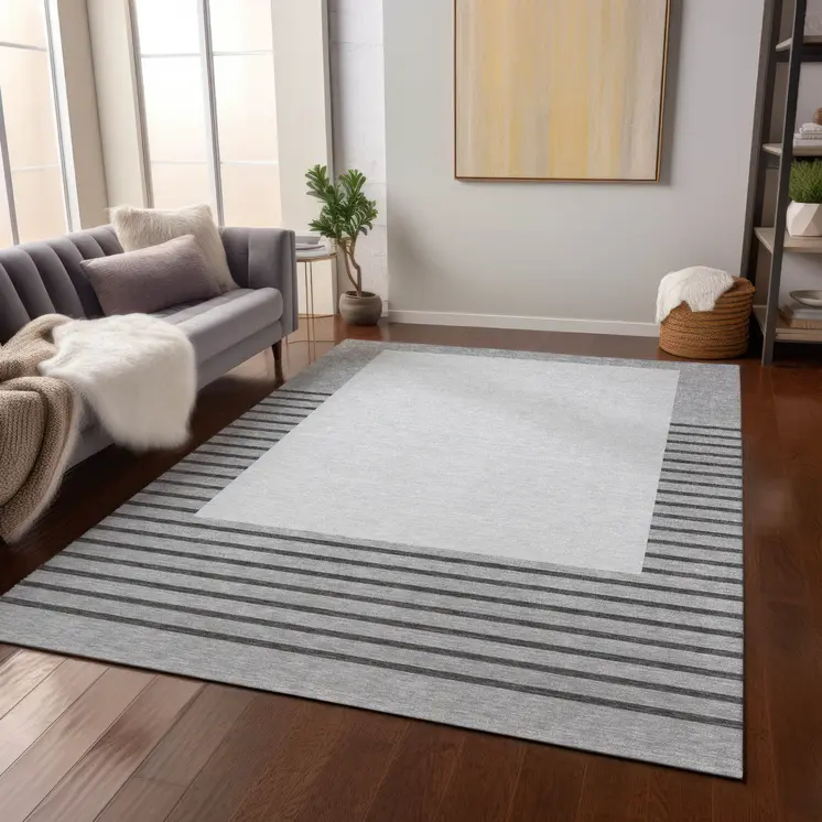 9' X 12' Gray Silver And Black Striped Washable Indoor Outdoor Area Rug