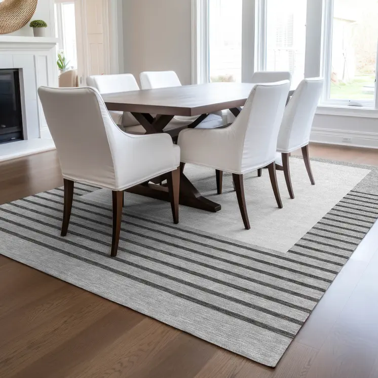 9' X 12' Gray Silver And Black Striped Washable Indoor Outdoor Area Rug