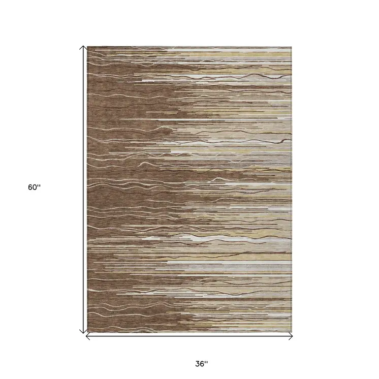 3' X 5' Brown Beige And Ivory Striped Washable Indoor Outdoor Area Rug