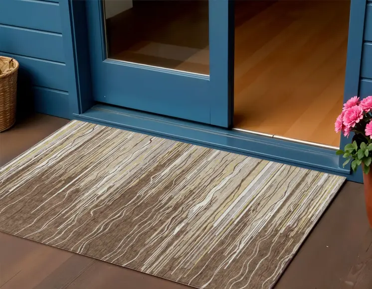 3' X 5' Brown Beige And Ivory Striped Washable Indoor Outdoor Area Rug