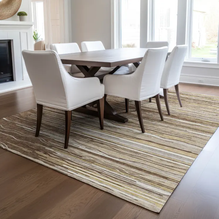 3' X 5' Brown Beige And Ivory Striped Washable Indoor Outdoor Area Rug
