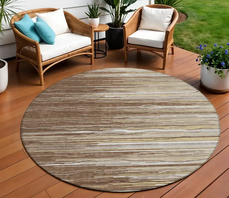 8' Brown Beige And Ivory Round Striped Washable Indoor Outdoor Area Rug