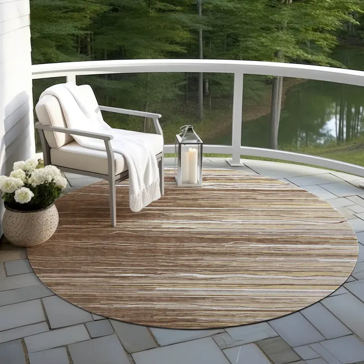 8' Brown Beige And Ivory Round Striped Washable Indoor Outdoor Area Rug